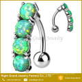 Vertical Drop Top Down White Green Opal Prong Set 316L Surgical Steel Piercing Navel Belly Ring